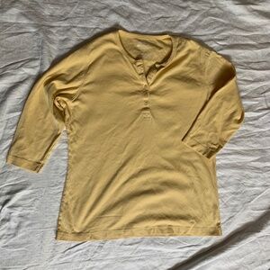 Duluth Trading Co. yellow button top, L, 100% cotton, scoop neck, 3/4 sleeves